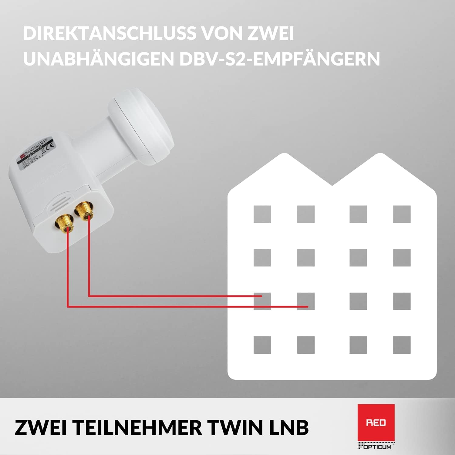 RED OPTICUM LTP 04H Twin LNB I LNB numérique 2x résistant à la chaleur et au froid avec seulement 0.1dB de bruit et protection contre les intempéries extensible I LNB satellite pour 2 abonnés blanc
