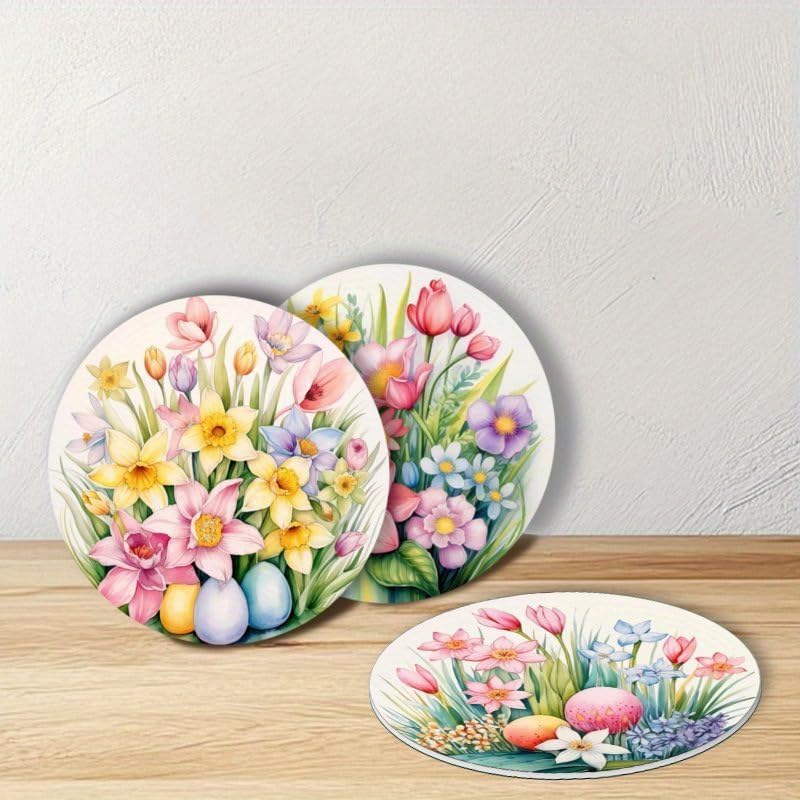Image of Set of 6 Wooden Coasters Featuring Easter Egg and Floral Designs, 3.94x3.94 Inches a€ inch Perfect for Patio Tables, Kitchen, or Living Room a€ inch an Ideal Easter Gift for Friends and Family