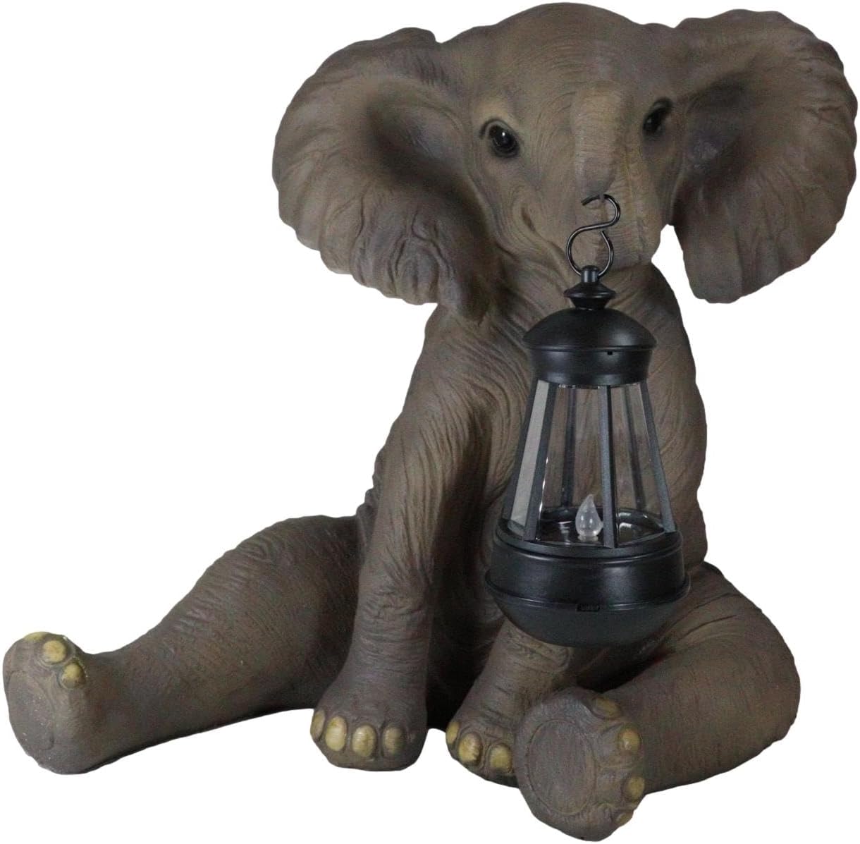 Ebros Safari Savanna Wildlife Animal Melee Adorable Pachy Elephant Statue Home Patio Decor Figurine with Solar LED Light Lantern Lamp 13.75" H Guest Greeter Elephants Path Lighter Sculpture