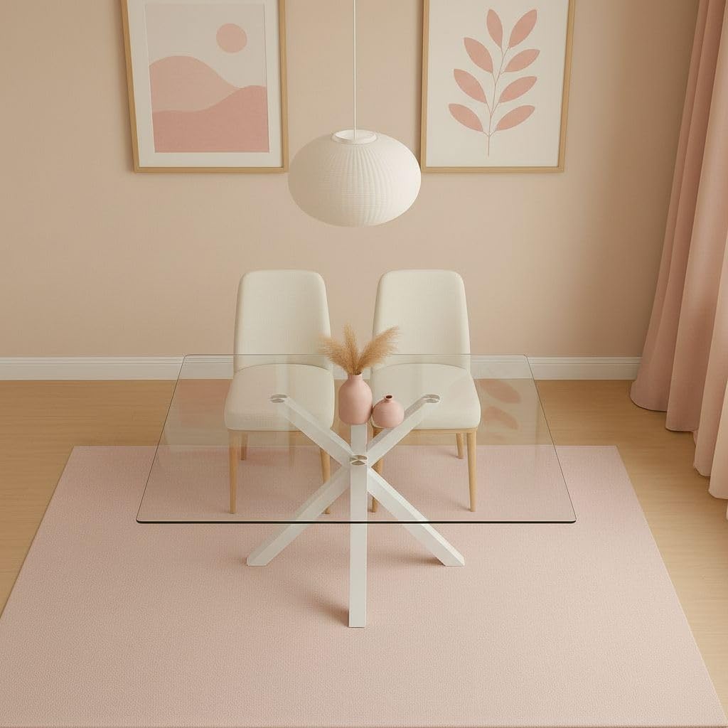 Mesa de Comedor con Tapa de Cristal Blanco y Patas Metálicas – 140x80x75 cm – Diseño Moderno y Elegante para Salón o Cocina