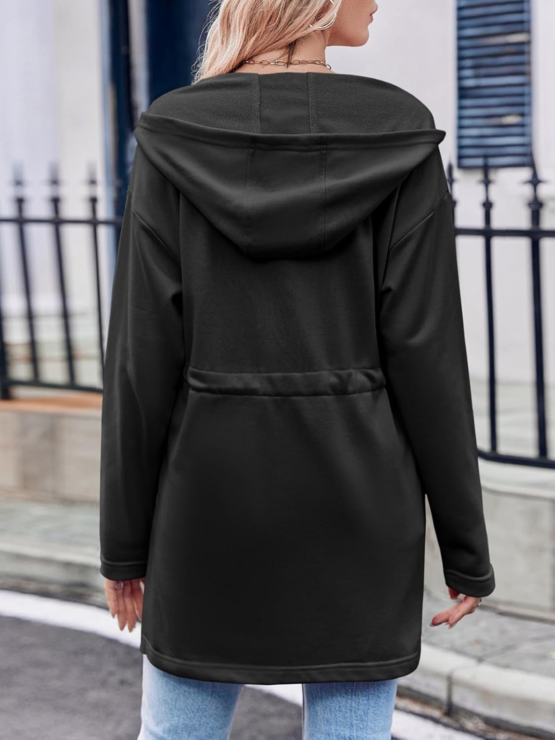 Fisoew Women's Zip Up Hoodie Sweatshirts Oversized Long Sleeve Casual Drawstring Waist Side Slit Tunic Tops - Image 4