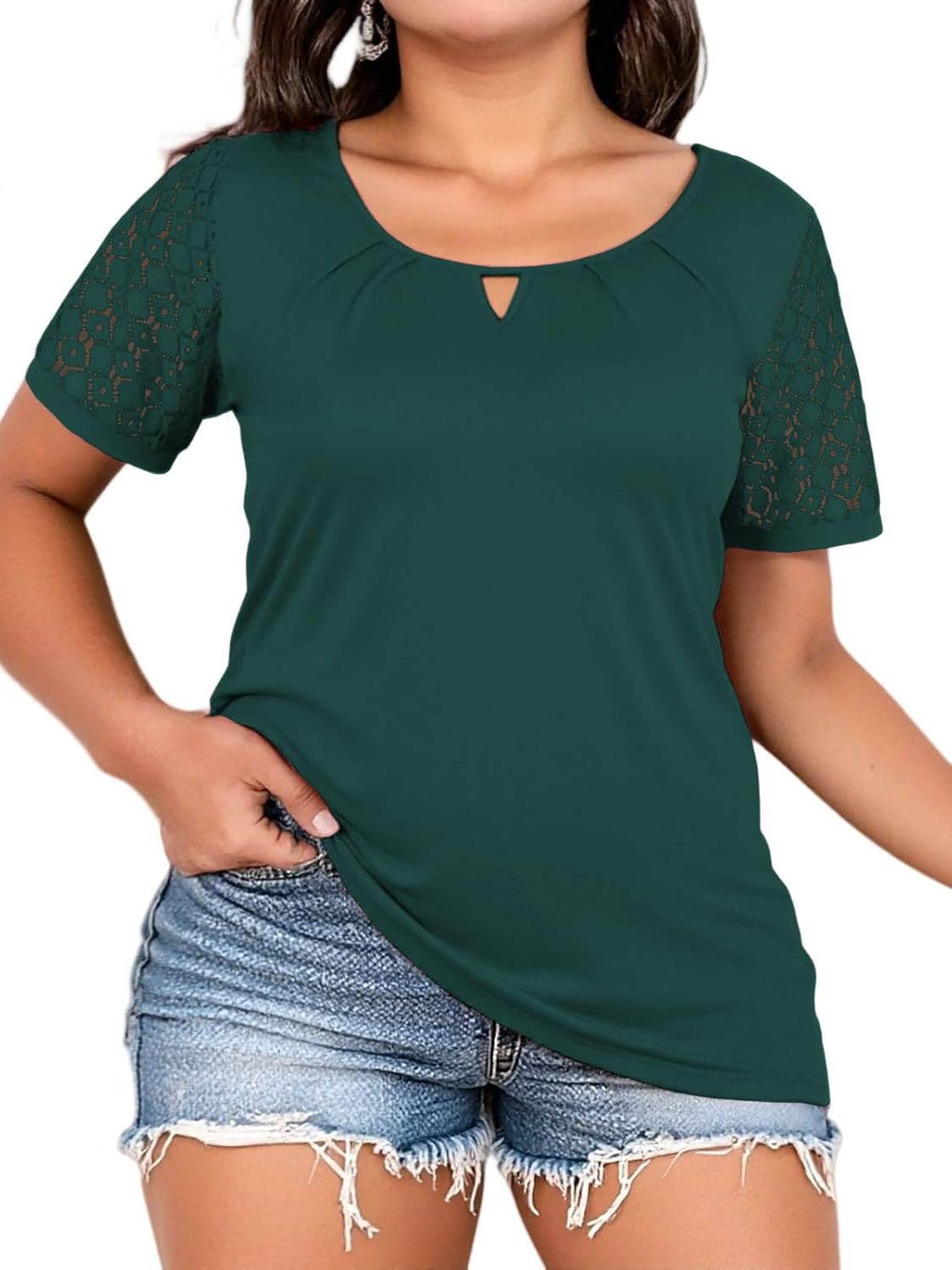 VISLILY Womens-Plus-Size-Summer-Tops Dressy Lace Short Sleeve T Shirts Casual Keyhole Crewneck Blouses Trendy Pleated Tunics - Image 2