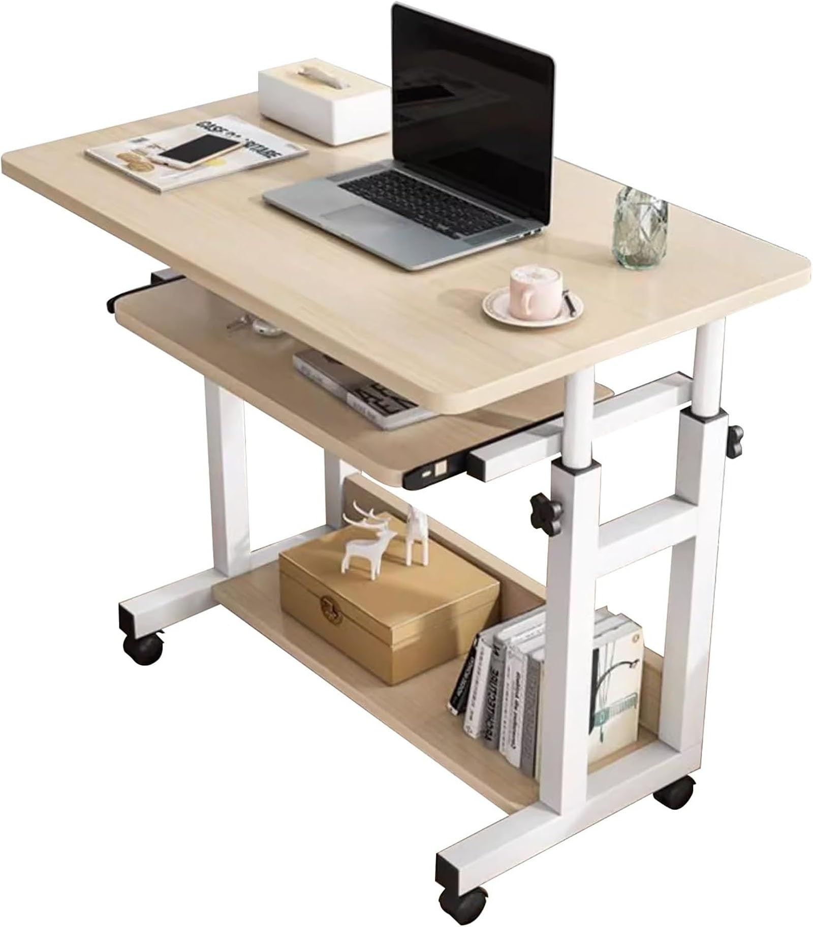 Bureau debout portable réglable avec support clavier et étagères pour ordinateur