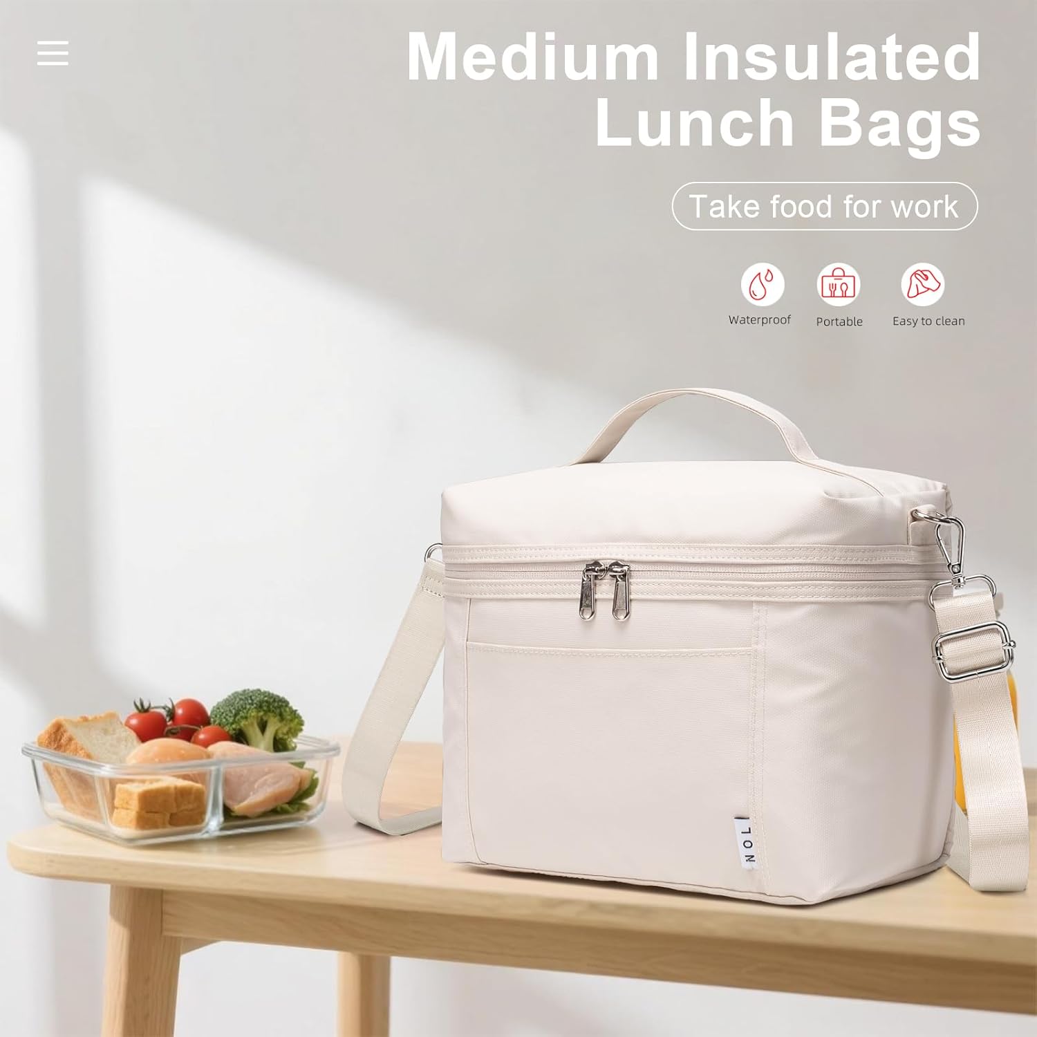 NOL Natural Organic Lifestyle Insulated Lunch Bags for Women Cooler Bag Lightweight Nylon Waterproof Lunch Box For Work（Medium, Cream - Image 7