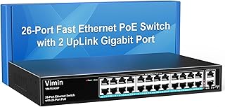 VIMIN 26 Port Fast Ethernet PoE+ Switch with 2 Gigabit Uplink Ports, 24 Port 10/100Mbps PoE Network Switch Unmanaged Support IEEE802.3af/at, Extend 250m, Vlan, 320W PoE Budget, Metal Case, Rackmount