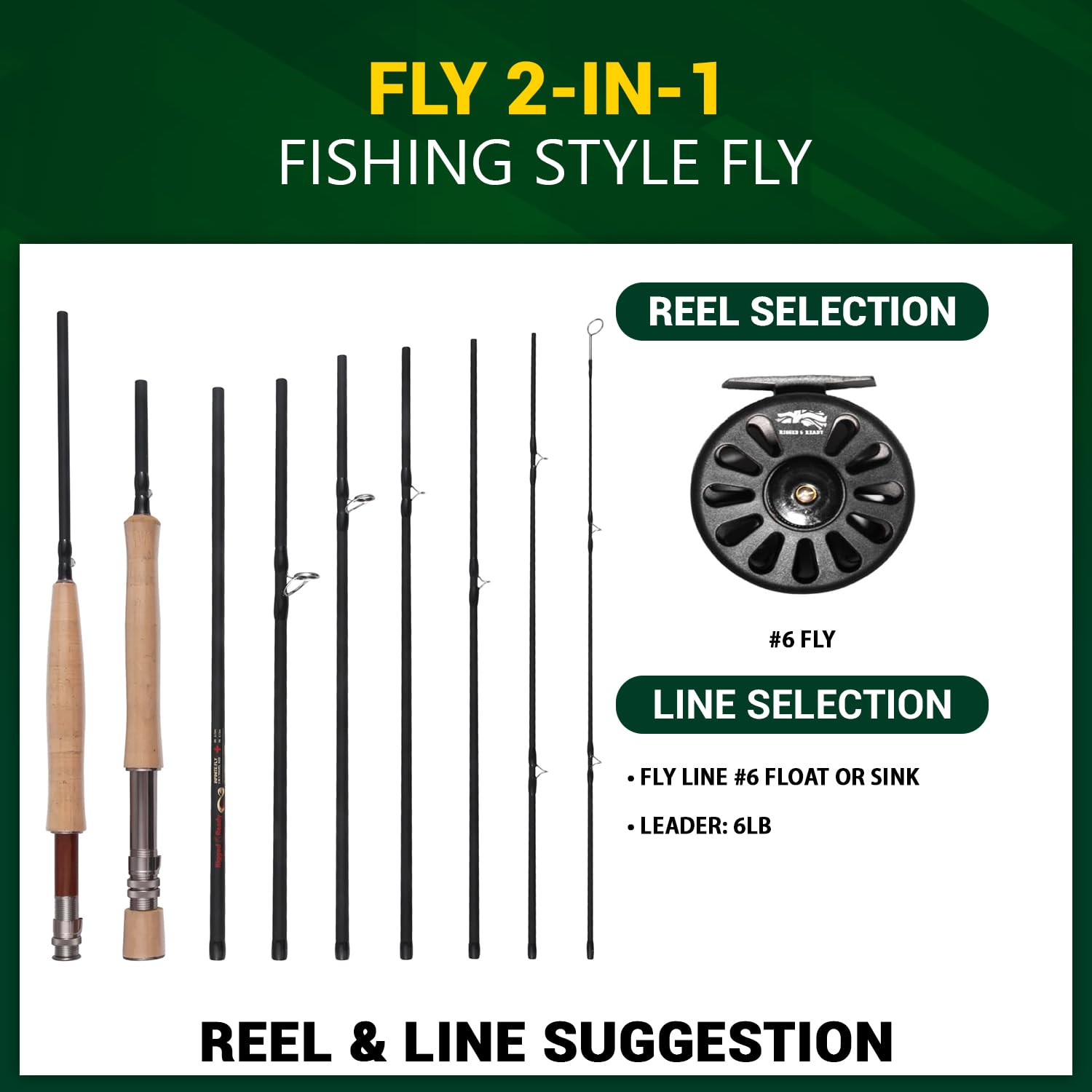 Rigged and Ready 2-in-1 Fliegenfischrute 2 Ruten 273 cm #6 213 cm und #4 Angelrutenoptionen 2 Griffkombinationen Toray Carbon-8 Abschnitte Rohr 45 cm