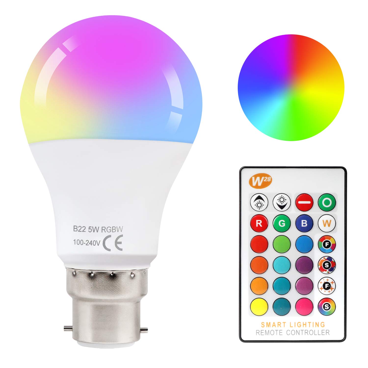 COOLWEST B22 LED Colour Changing Light Bulbs with Remote Control, 5W RGBW Dimmable Colour Bulbs with 16 Colour Choices for Home Decoration, Bar, Party, KTV Stage Effect Lights