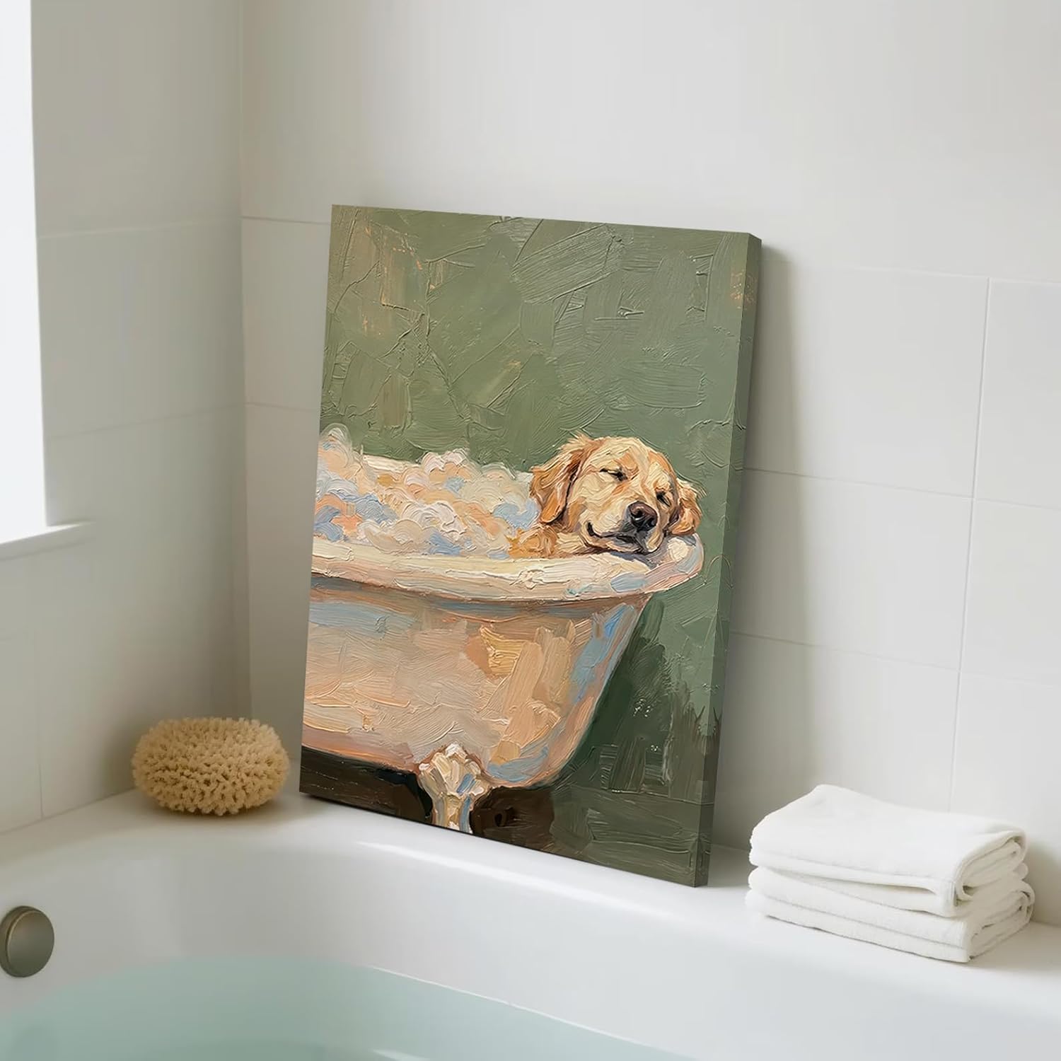 Funny Dog Bathroom Canvas Wall Art Golden Retriever Sleeping in Bathtub Wall Decor Cozy Dog Spa Pictures Cute Whimsical Animal Posters Prints for Bathroom Washroom Restroom 16x24in Framed