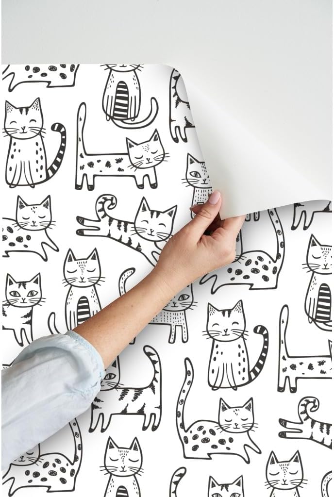 Peel & Stick Wallpaper 3ft x 2ft - Cats Stripes Kitten Geometric Cute Animals Black White Cat Kitty Custom Removable Wallpaper by Spoonflower
