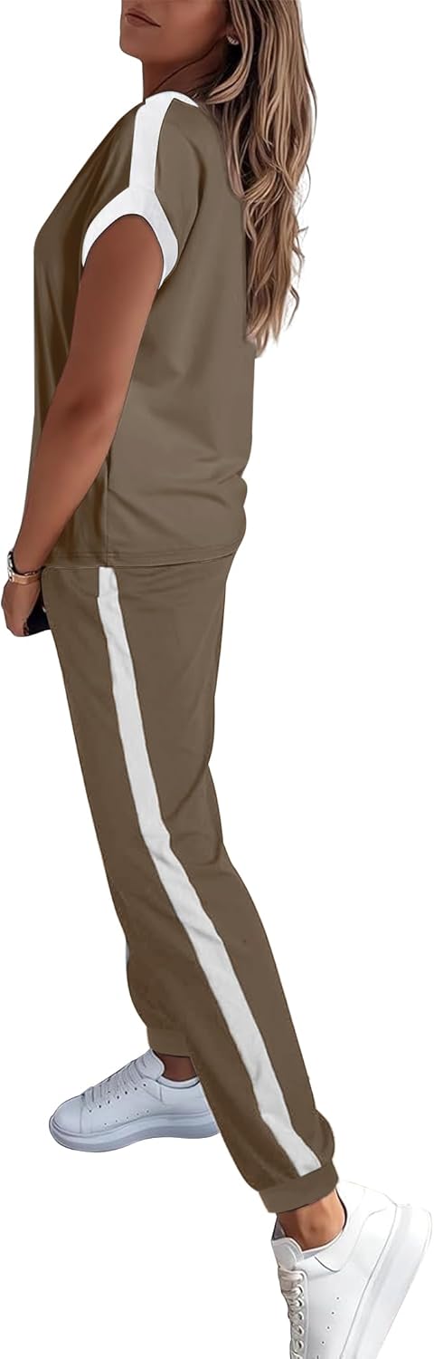 Marvmys Women Short Sleeve Tracksuit Set 2 Piece Sweat Set Outfits Color Block Jogging Suits with Pockets - Image 2