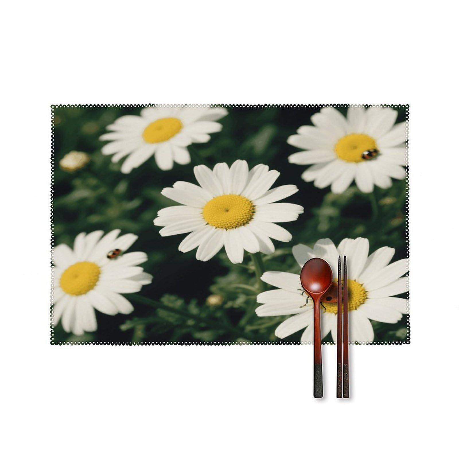 Chamomile Ladybug Daisy Placemats Set of 4 Heat Resistant Non-Slip Place Mats for Dining Table Washable Placemat Wipeable Dining Table Mat Canvas Place Mats Dining Table Decor