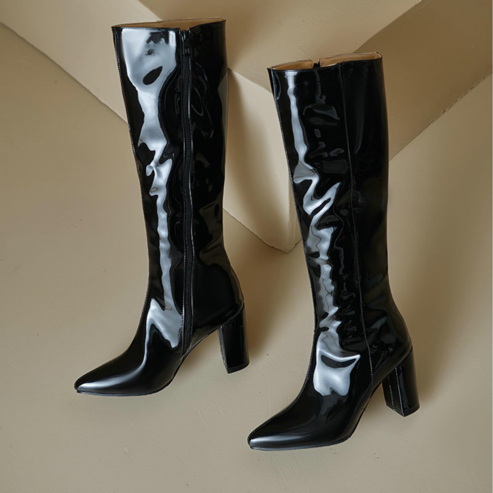 Genérico Botas Mujer Altas de Rodilla de Punta Fina Estilo Montar, con Cremallera Lateral y Tacón Ancho Bajo para Moda y Eventos