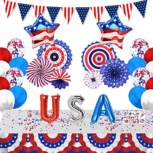 Lamparty 4th of July Party Decorations Red White Blue Tablecloth Foil balloons Paper Fans Banner Tattoo Stickers Confetti for Independence Day Patriotic Party Favors Supplies
