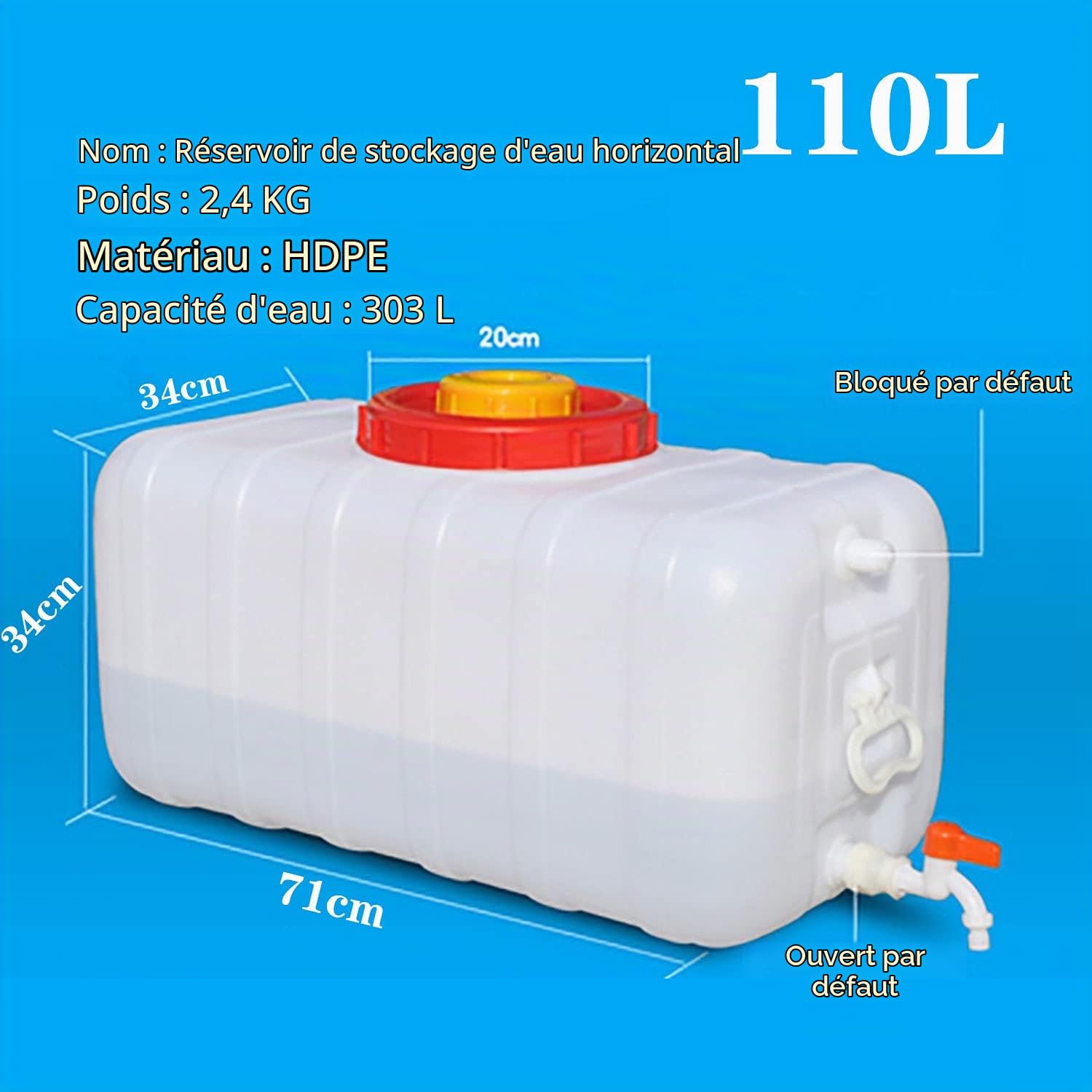Reservoir eau Conteneur d'eau avec robinet 100l Seau d'eau portable Conteneur d'eau d'urgence Conteneur de stockage de collecte d'eau de pluie Utilisation en caravane, camping-car ou campin(Size:110L)