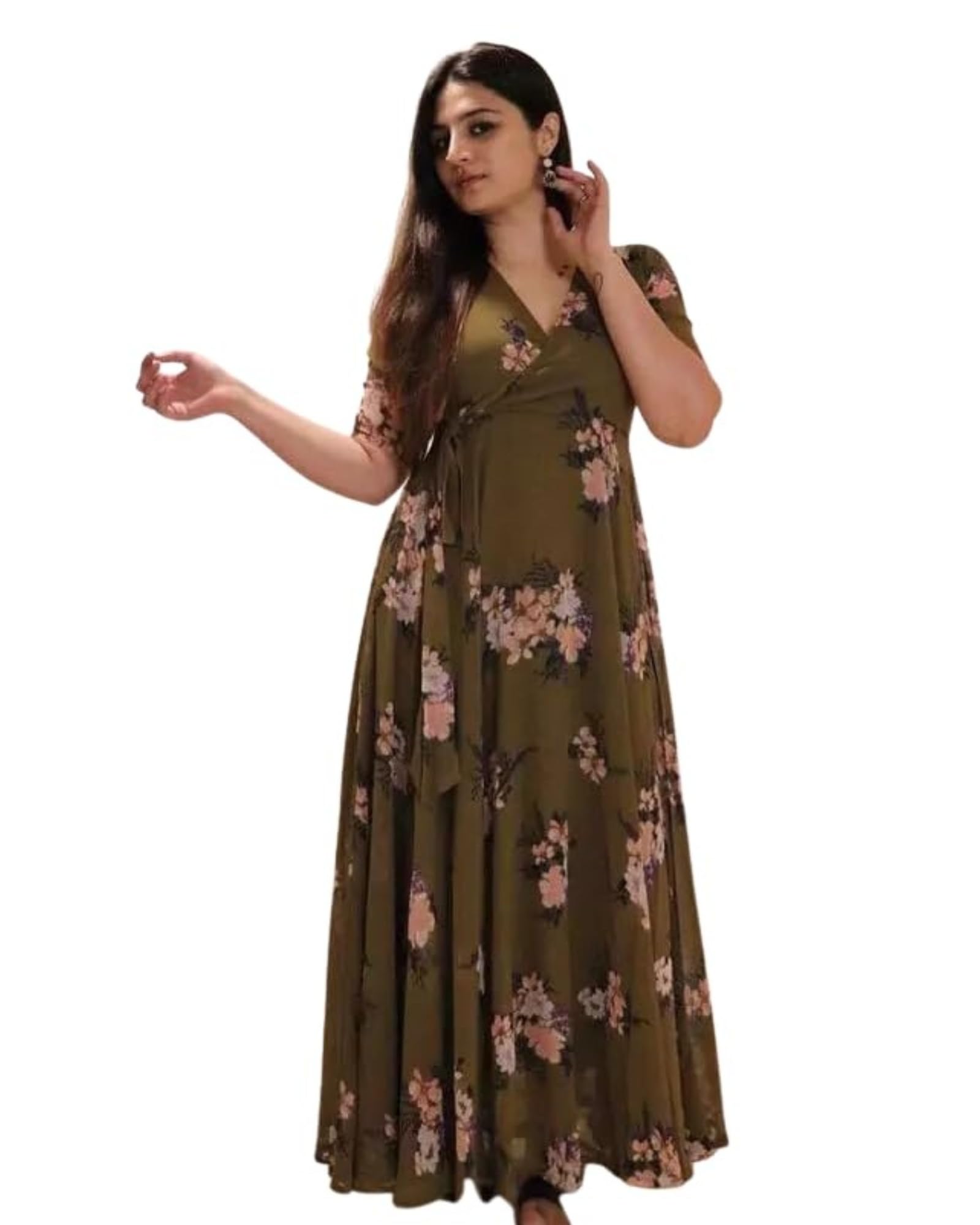 Fashion2wear Women's Georgette Anarkali Dress with Full Sleeves Floral Printed Knee Length Regular Fit and A Line Style