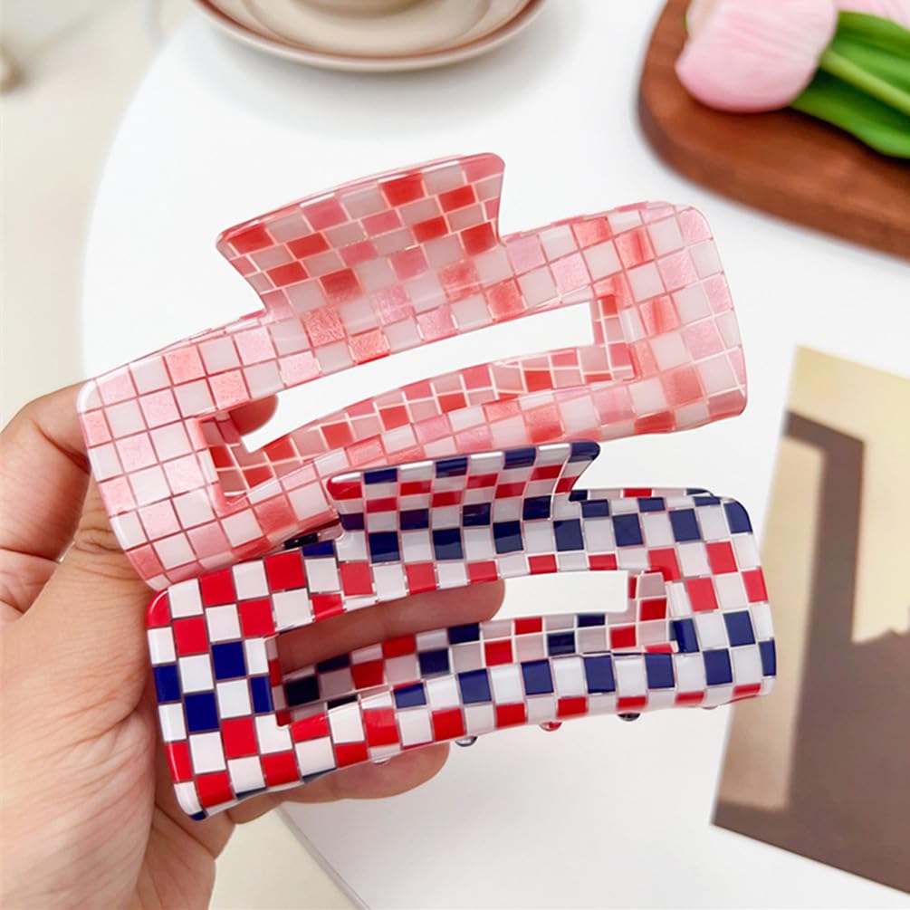 Pinzas de pelo a cuadros para mujeres y niñas, pinzas grandes de moda de 4 pulgadas para peinar, pinzas de garra para el cabello grueso, retro, forma rectangular (paquete de 3)