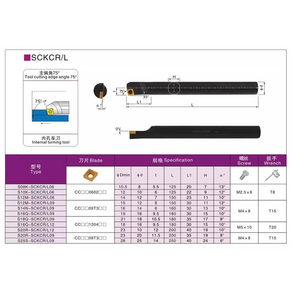 1pc Internal Turning Tool Holder S08K-SCKCR06/S10K-SCKCR06/S12M-SCKCR06/S16Q-SCKCR09/S20R-SCKR09/S25S-SCKCR09 CNC Lathe Turning Tool(SCKCL09,S08K)