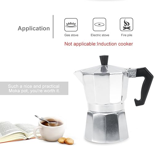 Miniatura 6 de Yosoo Olla de aluminio tipo italiano cafetera espresso con asa, adecuada para estufas de cerámica, uso en casa y oficina, 3/6/9/12 tazas (5.1 fl oz,