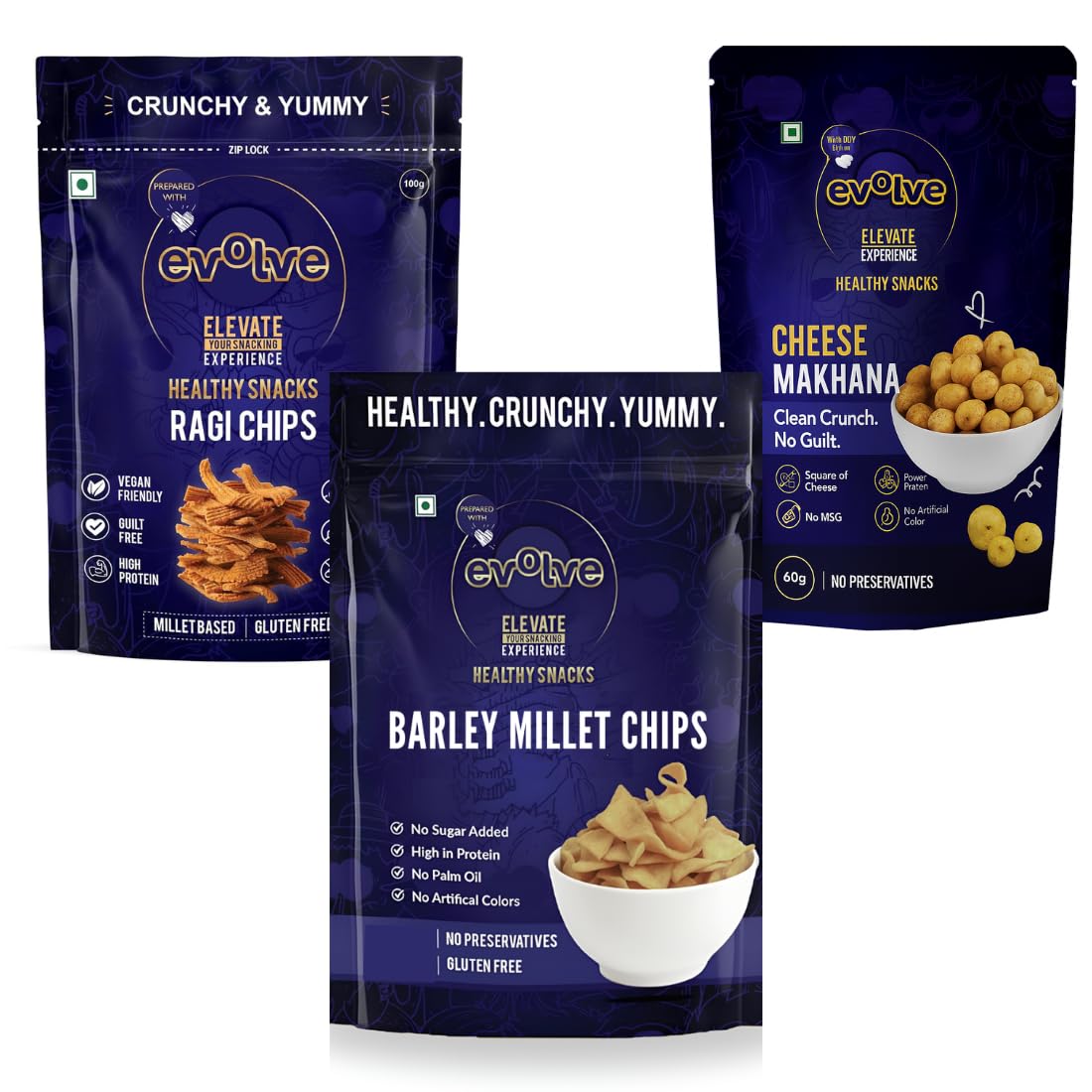 Evolve Combo Healthy Snacks for Kids, Adults | Gluten Free, High Protein, Fiber-Rich, Antioxidant, Vacuum Fried Snack | Okra Chips, Barley Chips, Cheese Foxnuts - Pack of 3 (60g Each)-image-35