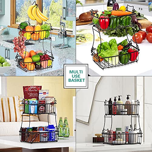 Minicloss 2-Tier Fruit Basket Bowl With Banana Hanger, Metal Wire Vegetable Produce Storage Baskets For Kitchen Countertop, Fruits Stand Holder Organizer For Bread Snack Veggies, Black #TOP6
