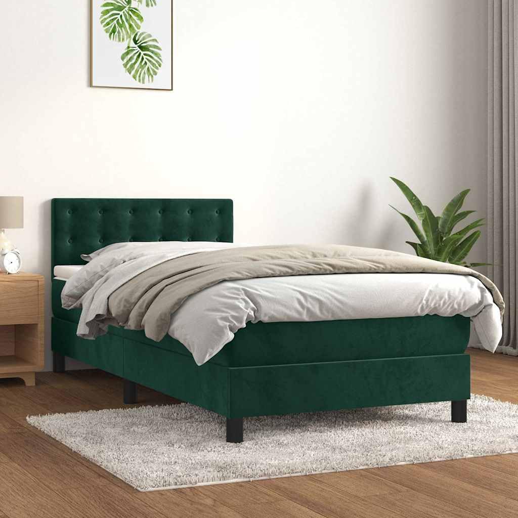 Cama con somier, color verde oscuro, 90 x 190 cm, terciopelo con colchón de muelles ensacados y colchón de dureza media para un sueño reparador