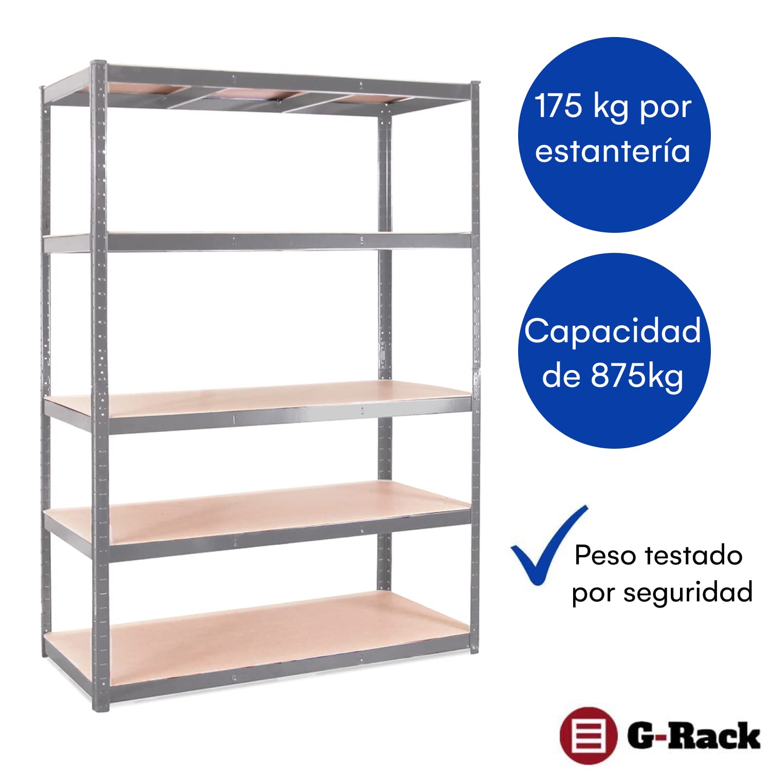 G-Rack Estantería para garaje: 180 cm x 120 cm x 60 cm, compartimento individual, color gris, unidad de 5 niveles, peso de carga de 175 kg por nivel (875 kg por unidad), uso doméstico, oficina, garaje