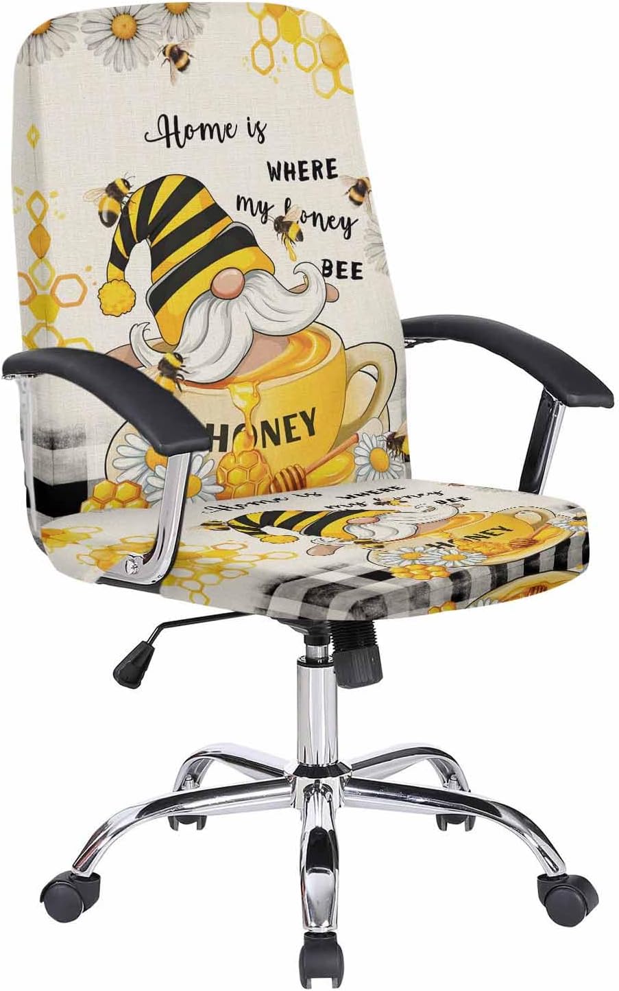 Honey Gnomes Office Chair Covers, Stretchable Rotating Chair Slipcovers, Spring Floral Yellow Summer Bee Black Plaid Spandex Universal Boss Chair Cover Removable Washable Chair Seat Cover, Large