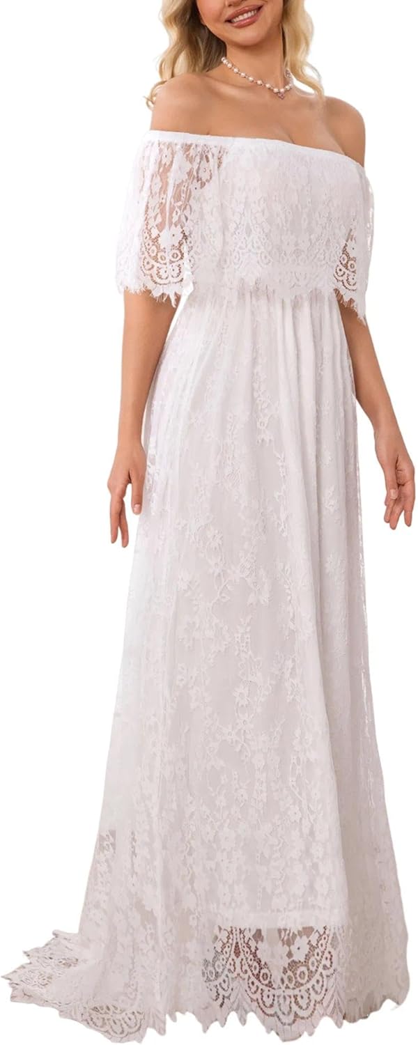HOYISHION Women Off The Shoulder White Lace Maxi Wedding Dress Boho Flowy Long Gown for Brides