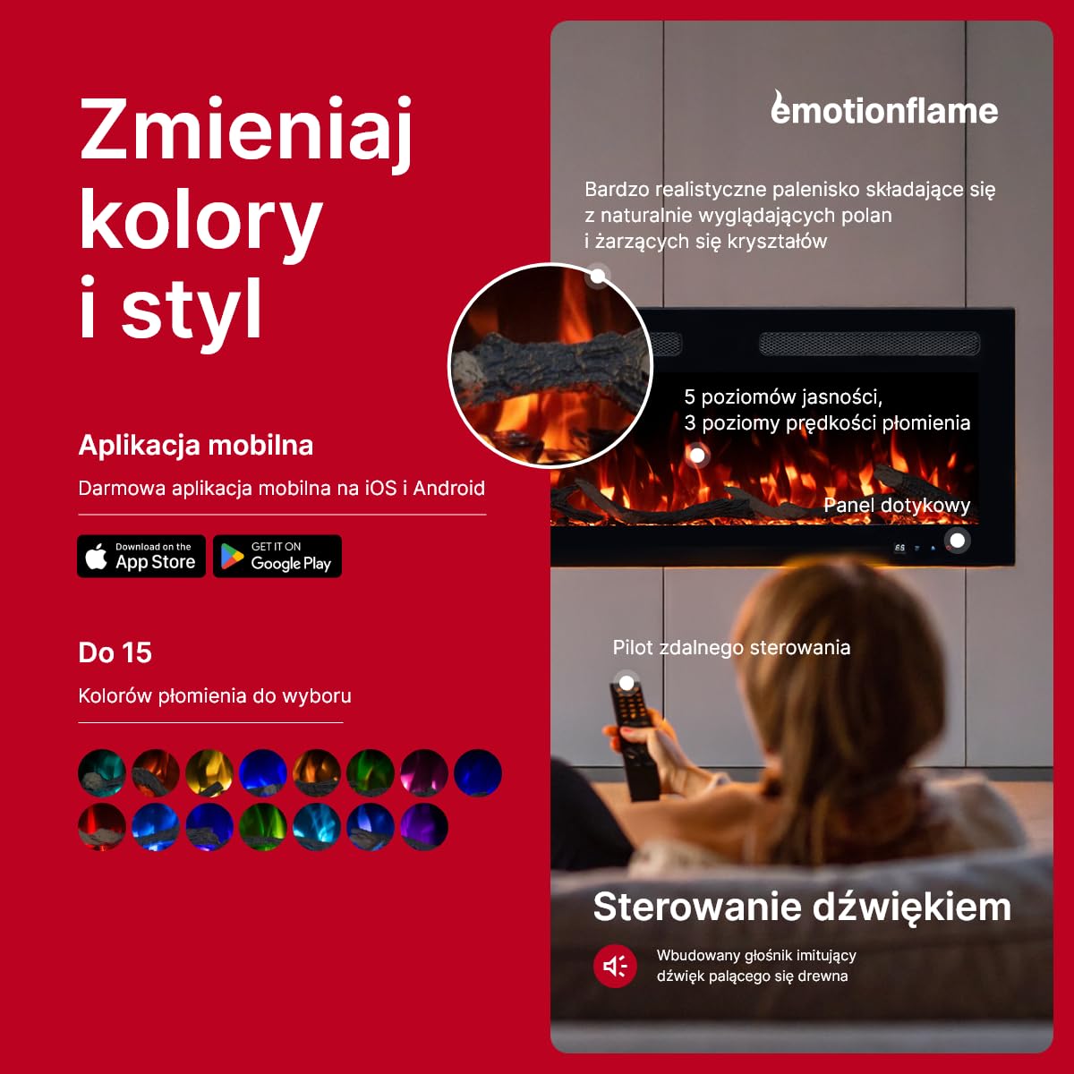 Kominek elektryczny Emotion Flame Monarch 127 - ogień premium - na ścianę i do zabudowy - 127x13x35 cm - kominek LED z grzaniem 900/1800 W