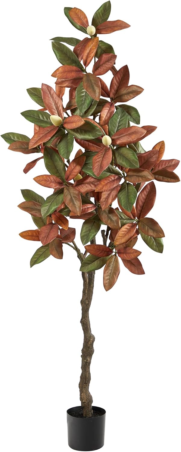 Nearly Natural 6ft. Fall Magnolia Artificial Tree, Brown, Plastic, Iron Wire, Fabric, 11.8 lbs