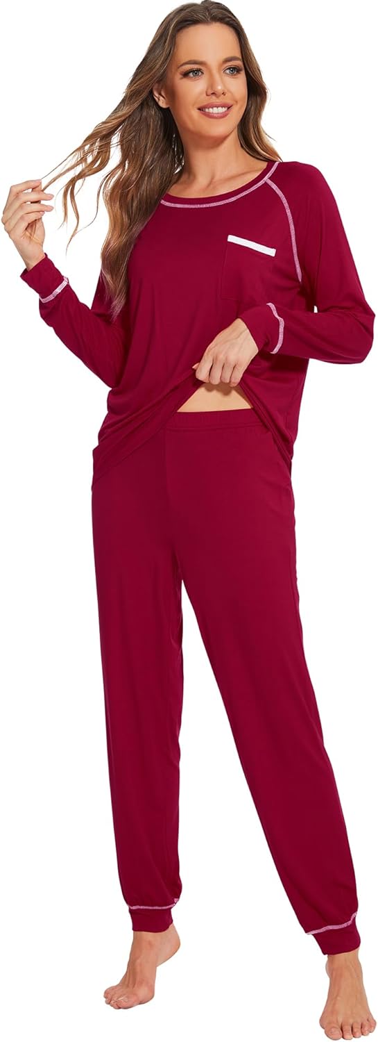 WiWi Bamboo Viscose Pajamas Set for Women Cooling Long Sleeve Sleepwear Super Soft Loungewear Pjs Jogger Pants Lounge S-XXL