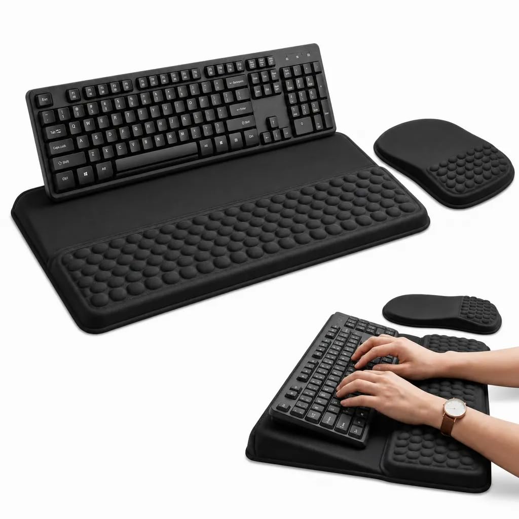 2-in-1 Ergonomic Keyboard Wrist Rest with Stand, Set with Matching Mouse Wrist Rest, Slow Rebound Memory Foam Palm Pad, Non-Slip Base, Relieve Wrist Fatigue for Office & Gaming(Black)