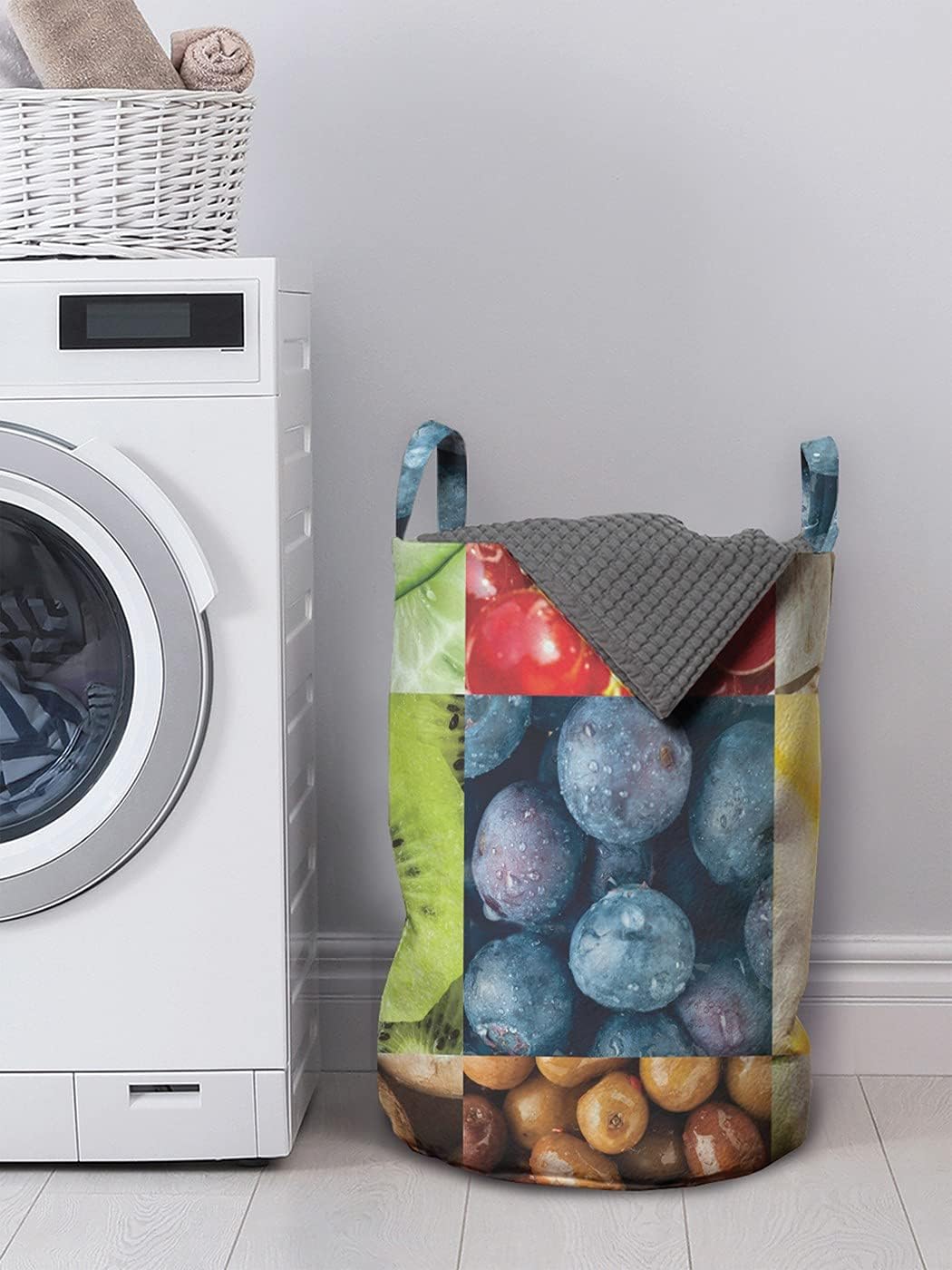 Ambesonne Fruit Laundry Bag, Kiwi and Grape Summer Season Design with Natural Food Illustration, Hamper Basket with Handle Drawstring Closure for Laundromats, 13" x 19", Multicolor