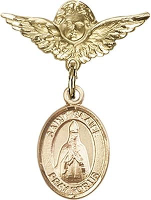 14kt Yellow Gold Baby Badge with St. Blaise Charm and Angel w/Wings Badge Pin 1 X 3/4 inches