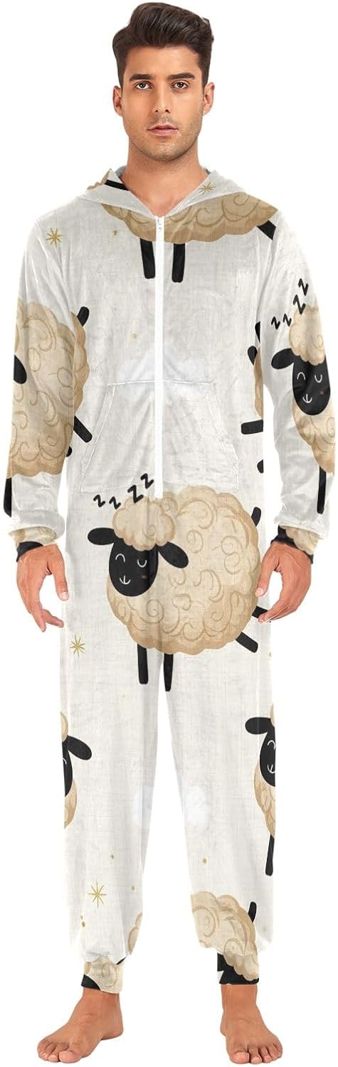 Cute Cartoon Sheep Beige Adult Onesie Pajamas, Soft Hooded One Piece Sleepwear for Men Women Christmas Loungewear