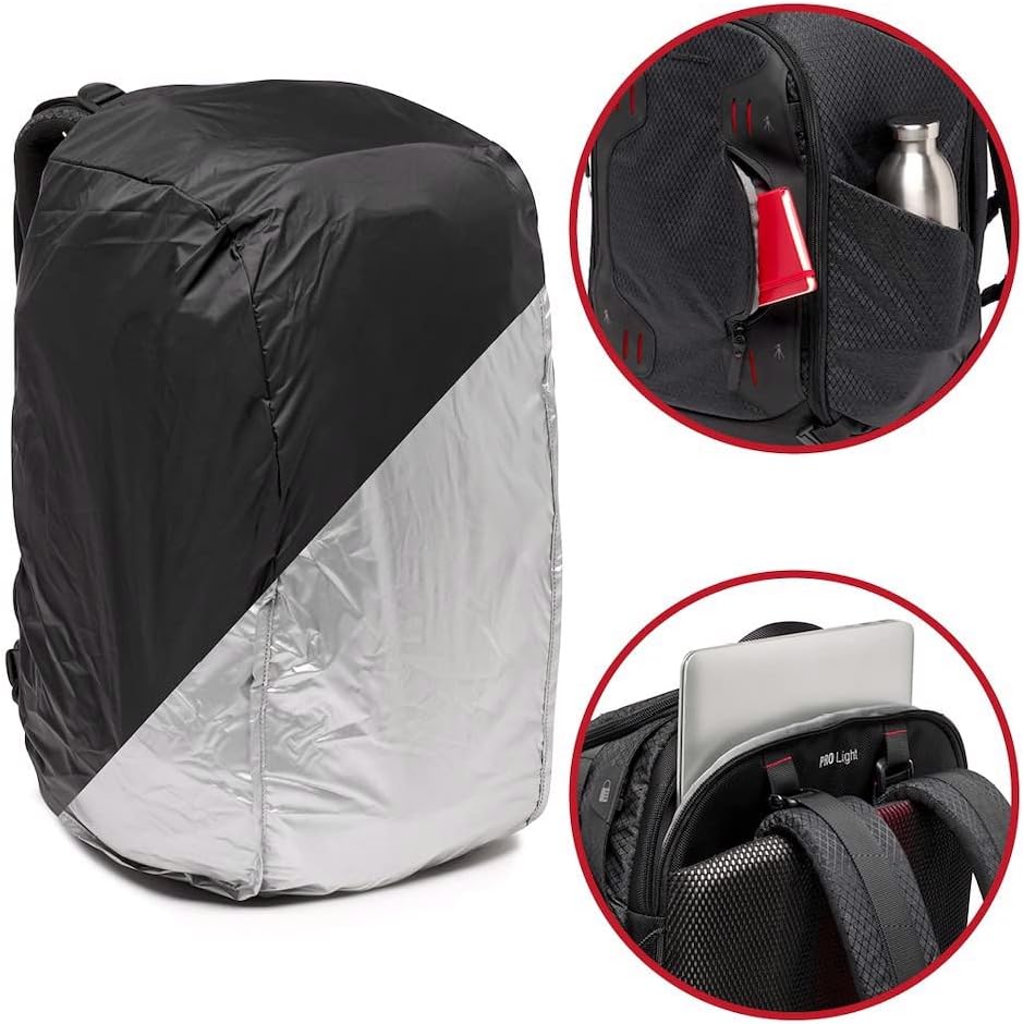 Manfrotto PRO Light Multiloader Backpack rain cover, side pocket, and laptop compartment