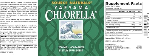 Miniatura 4 de Source Naturals Yaeyama Chlorella 200mg Algas Superalimento Suplemento Nutricional Fuente de B-12, Hierro, Proteína y Vitamina A - 600 Tabletas