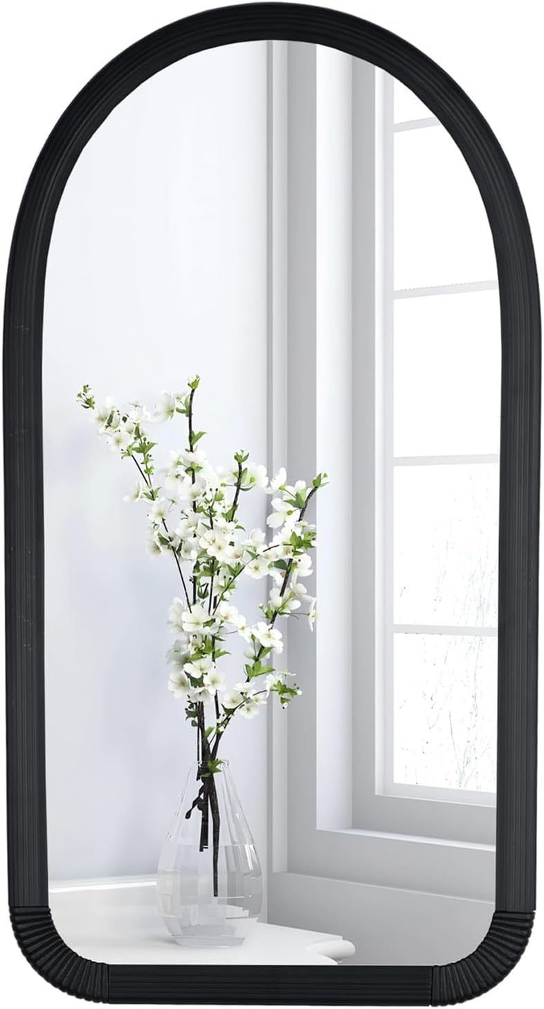 12x23 Inch Arched Bathroom Mirror, Wall Mounted Living Room, Entryway, Hallway Decorative Mirror, Modern Plastic Framed Mirror (Black, 23''Lx12''W) Black 23''Lx12''W