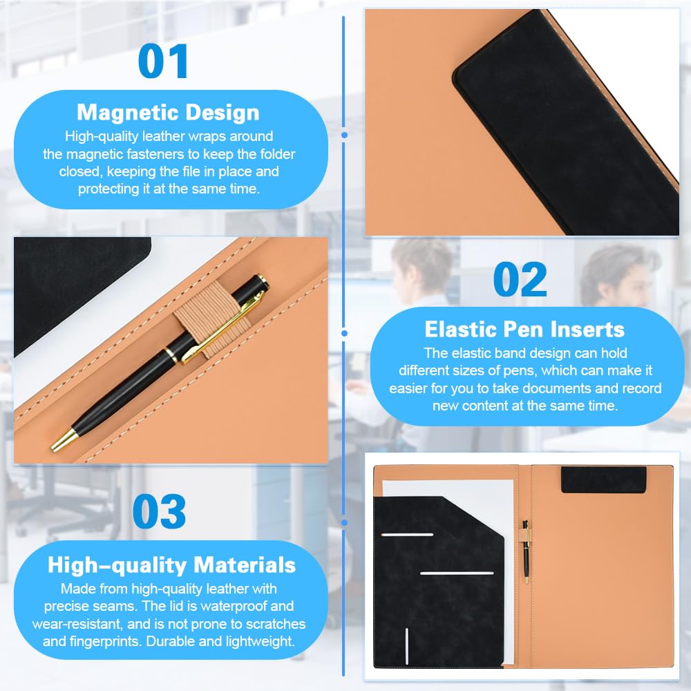 HEKOBAG Carpeta de Cuero para Documentos A4, Portadocumentos De Cuero Negro A4 Carpeta con bolígrafo Carpeta Portapapeles Carpeta Organizadora Personal Agend para conferencias entrevistas negocios