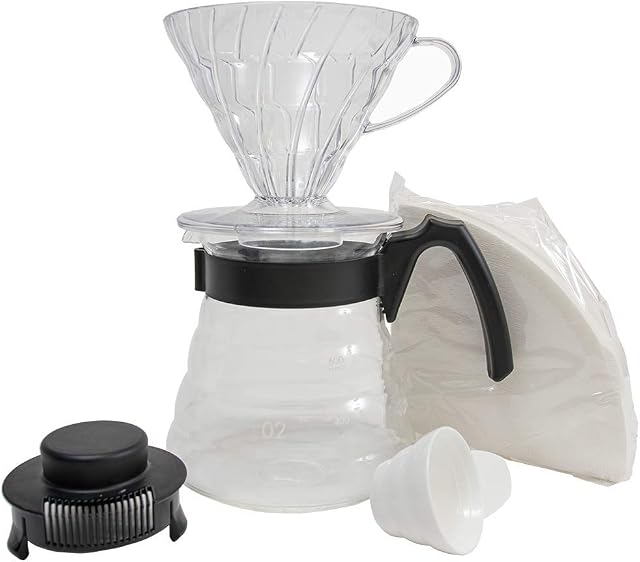Hario Craft Kit V60 Plastic Dripper with Glass Coffee Range Server, Measuring Spoon and Filters, Borosilicate, Black, Size 2