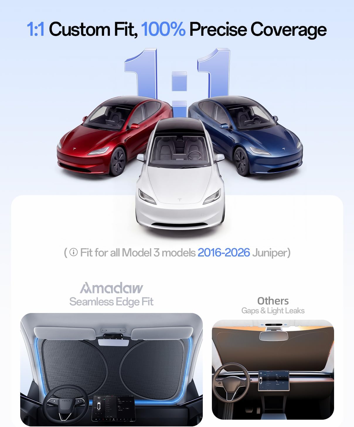 Windshield Sun Shade for Tesla Model 3 2016-2026 (Highland), 100% UV Block & Heat Insulation, Custom Fit Sunshade, Foldable Car Sunshade with Storage Bag, Protect Interior Accessories