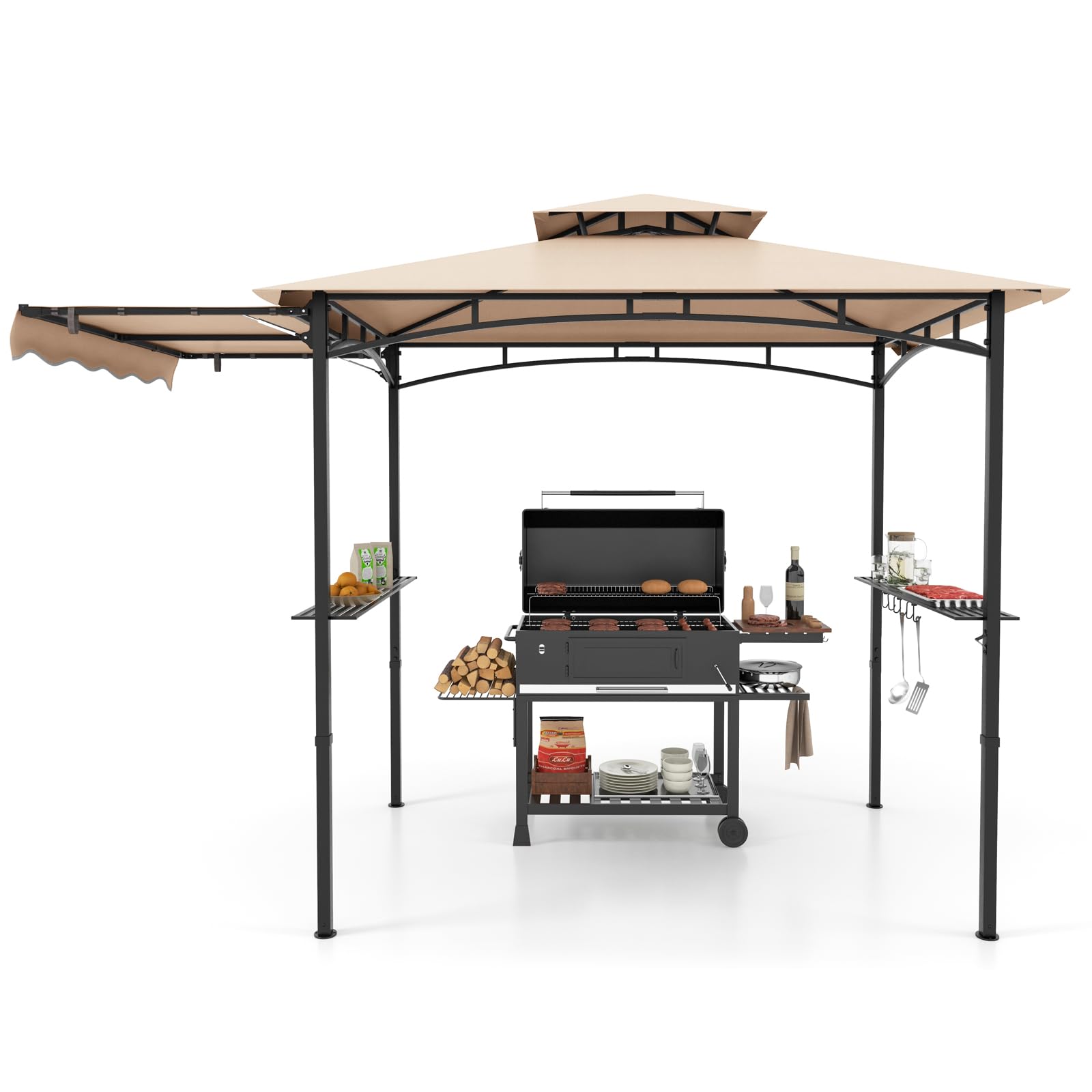 COSTWAY 2.5M (8ft) Grill Gazebo, Fire Resistant Waterproof Outdoor BBQ Shelter with 2 Side Shelves, Hooks and Bottle Opener, Double Tiered Grill Canopy for Patio Garden (Beige, with Side Awning)