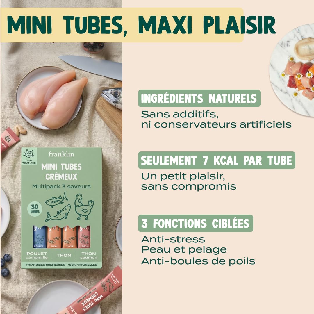 FRANKLIN – Tube Crémeux Chat – Multipack Creamy Snack – Saveurs Poulet, Thon, Saumon – Texture Crémeuse et Onctueuse – Ingrédients 100% Naturels – Faible en Calories – 30 Tubes x 15g