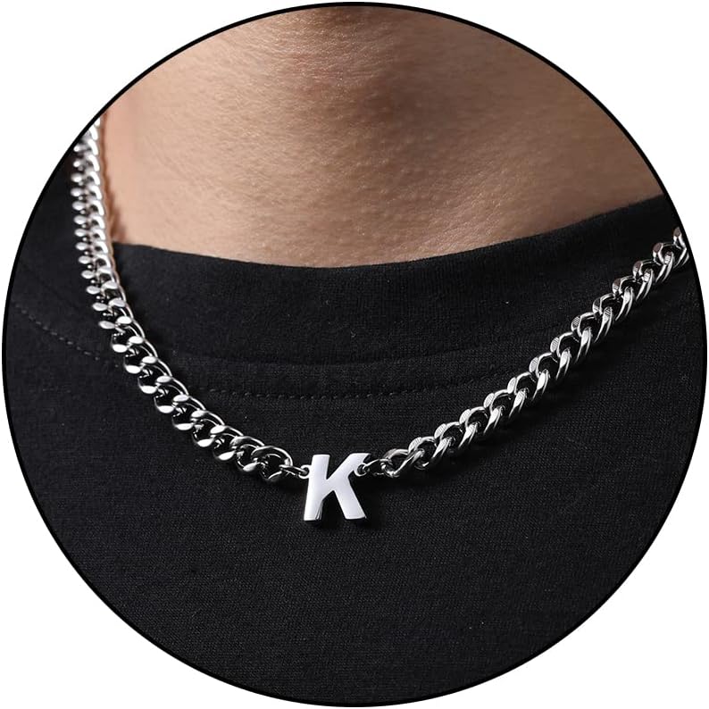 DuoDiner Easter Basket Stuffers -Initial A-Z Cuban Link Chain Necklaces for Men Boys Letter Pendant Stainless Steel 6.5mm 18+2 Inches,Jewelry Gifts