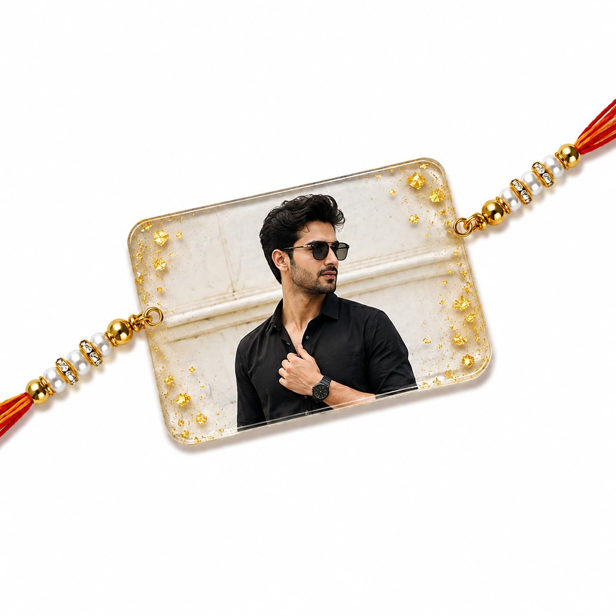 Customized Photo Resin Rakhi for Brother | Custom Picture Rakhi with Golden Beads & Pearl Accents | Handmade Raksha Bandhan Gift-picture-36
