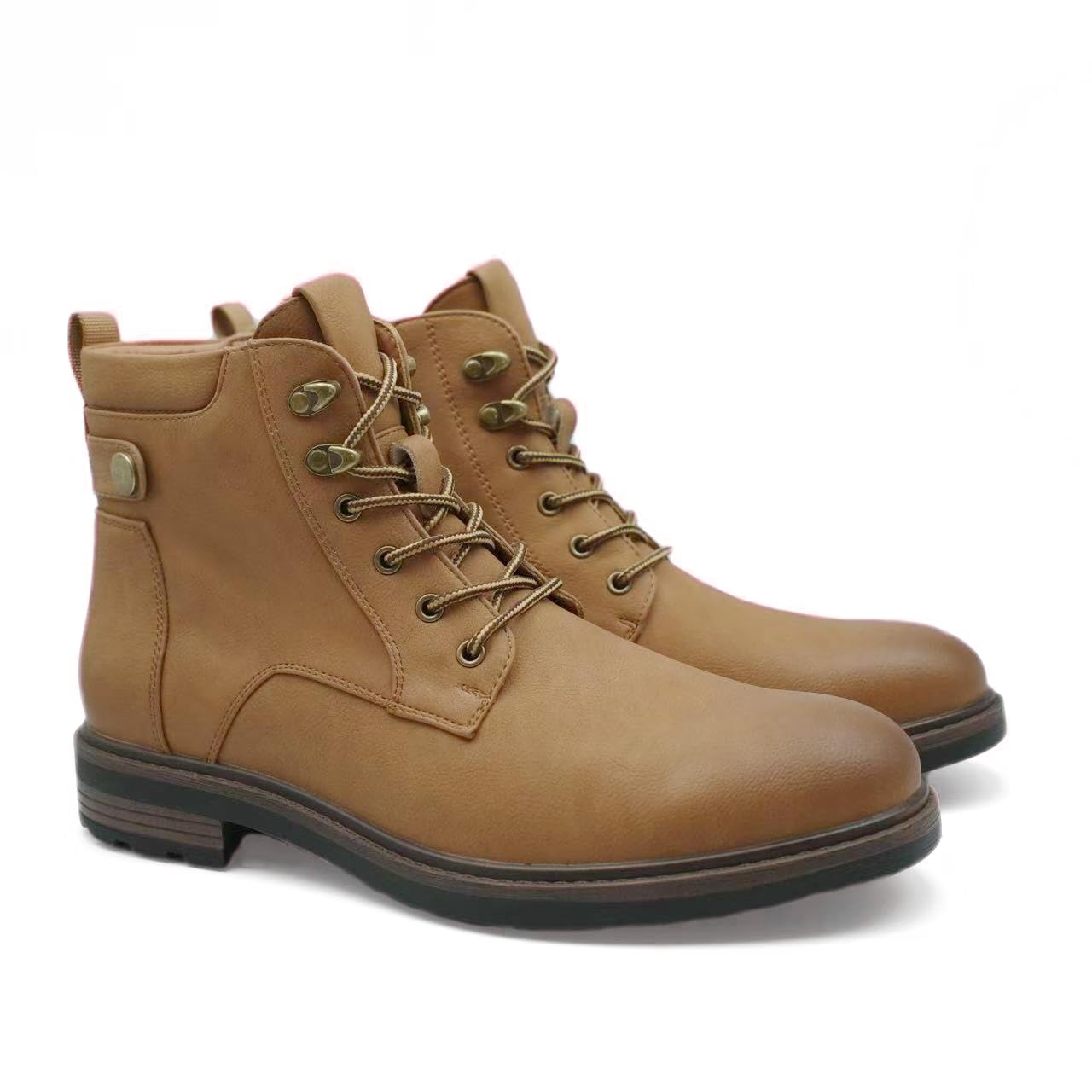 Finishing & Sewing Stivali da combattimento classici con lacci, in pelle marrone chiaro, stivali da lavoro in stile militare con occhielli in metallo, suola in gomma resistente