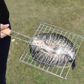 BBQ Grill Basket Stainless Steel 12x8 Inch Folding Mesh with 12 Inch Handle for Fish Burgers Vegetables Shrimp, 0.5 Inch Grid Prevents Food Fall Through, 50% Space Saving for Outdoor Cooking Trips