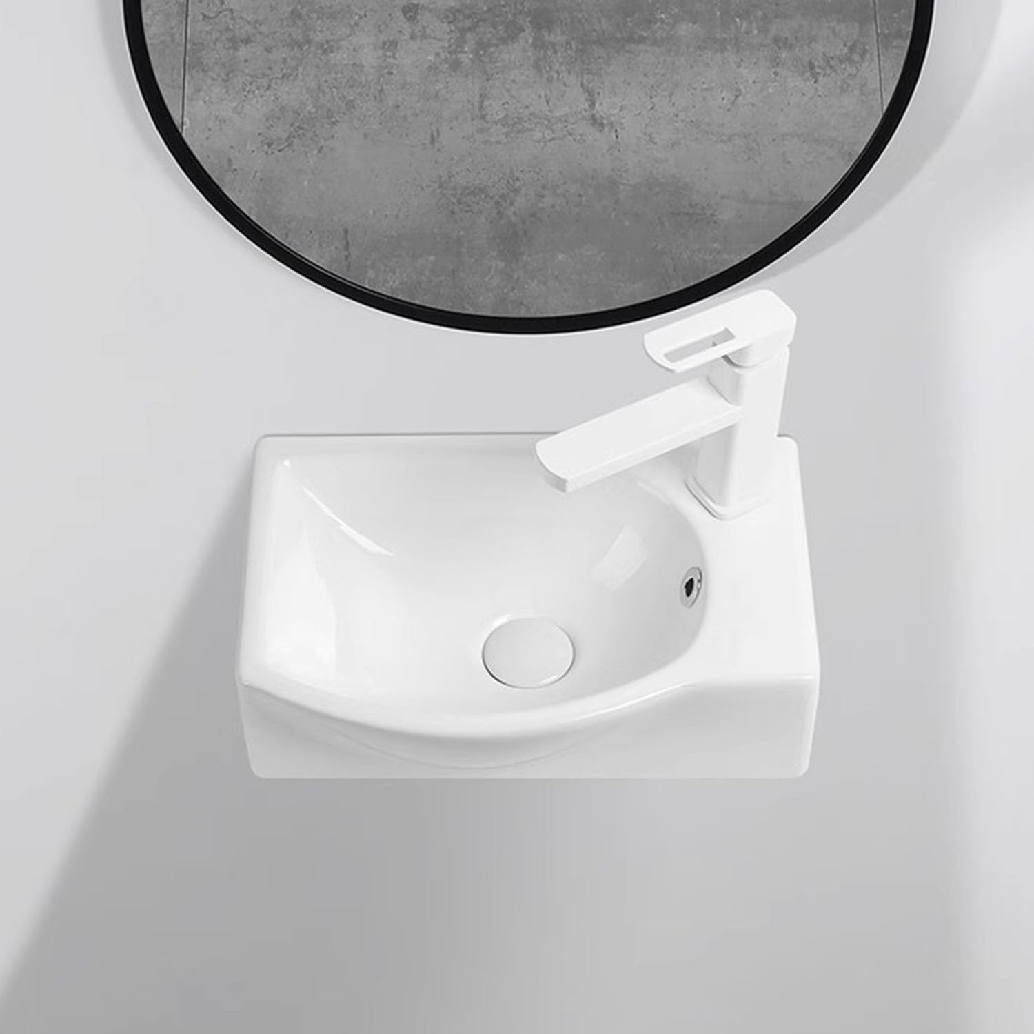 Lavabo Cerámico Compacto - Lavamanos De Esquina Pequeño para Espacios Reducidos. Instalación En Pared O Encimera. Incluye Manguera De Desagüe.Modelo A - Juego De Grifos Blancos