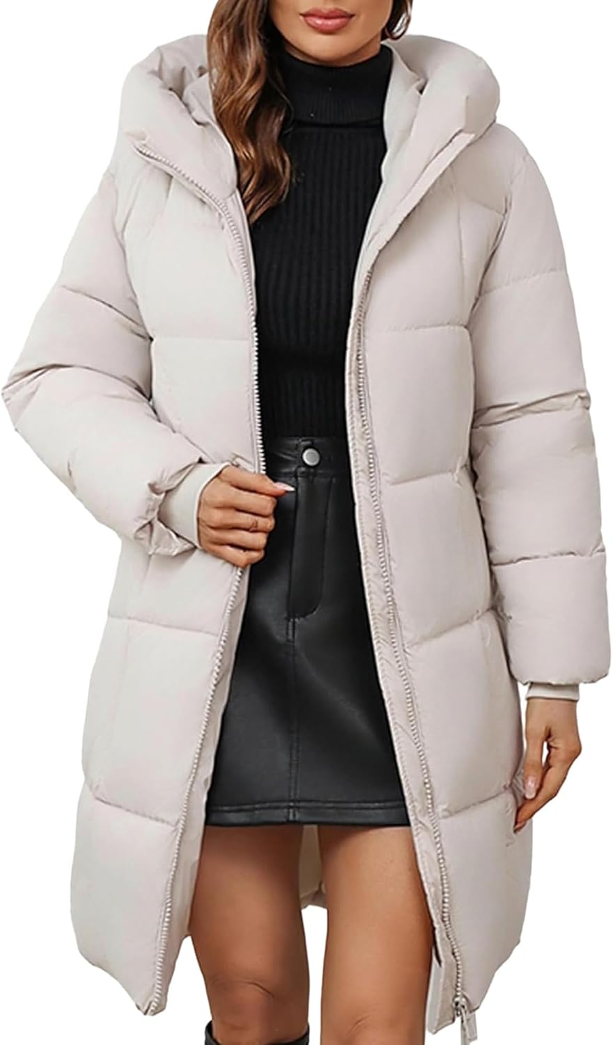 Women's Hooded Long Puffer Coat Winter Warm Full Zip Lightweight Quilted Jacket with Pockets