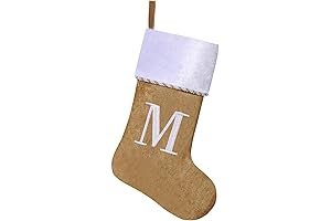 Gold and White Velvet Embroidered Initial Monogram Christmas Stocking with Rope Decoration
